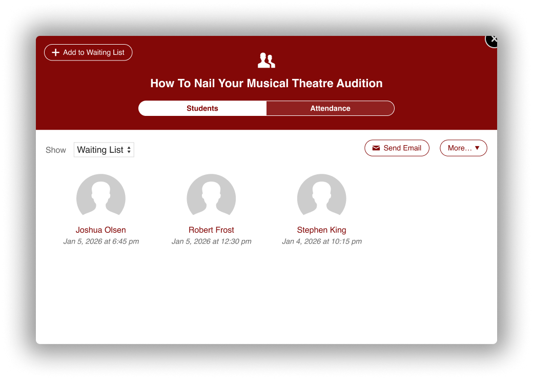 An example waitlist view in CourseStorm. Student data is fake.