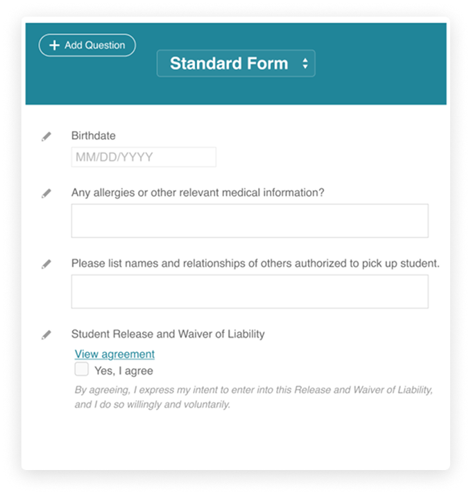 An example custom form in CourseStorm showing custom questions for a kids class