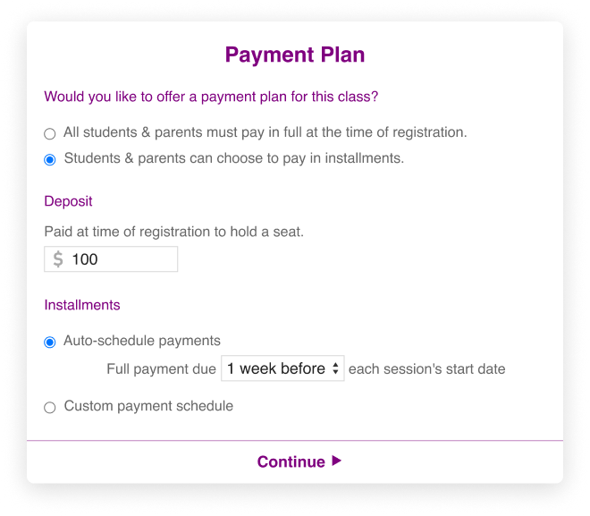 The payment plan setup screen in CourseStorm