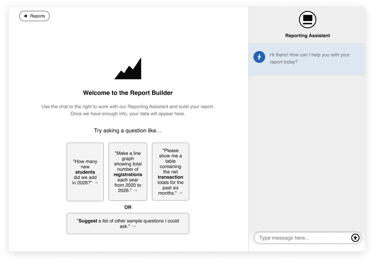 CourseStorm's Just Ask Reporting Assistant homescreen which shows example queries.