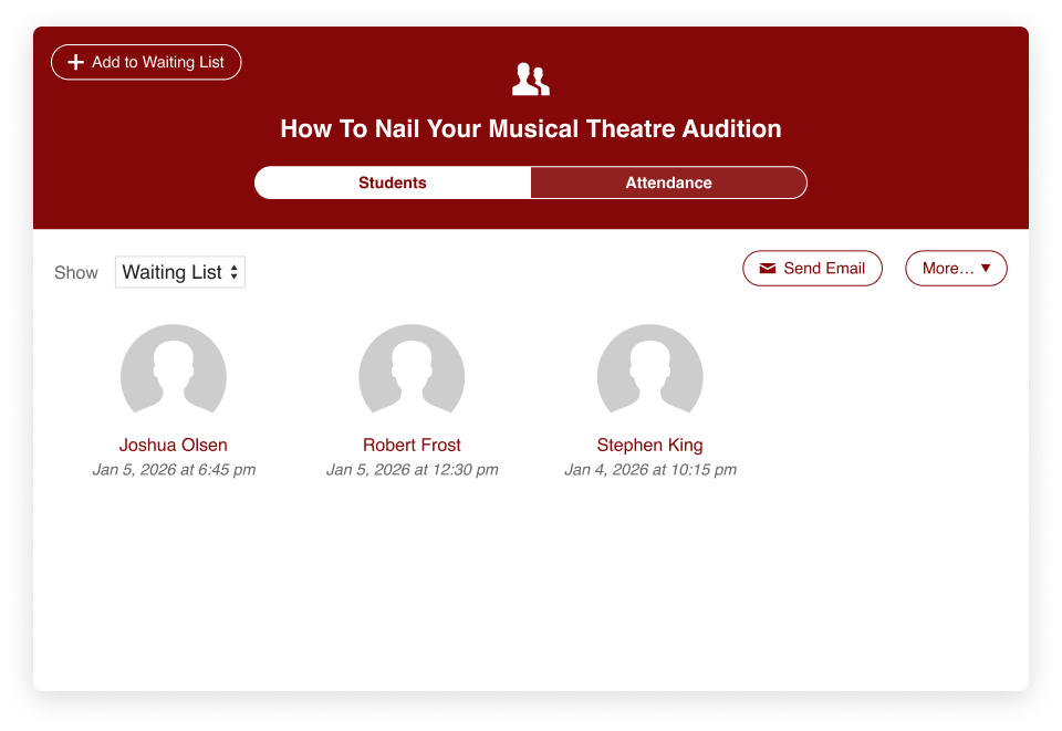 An example waitlist view in CourseStorm. Student data is fake.