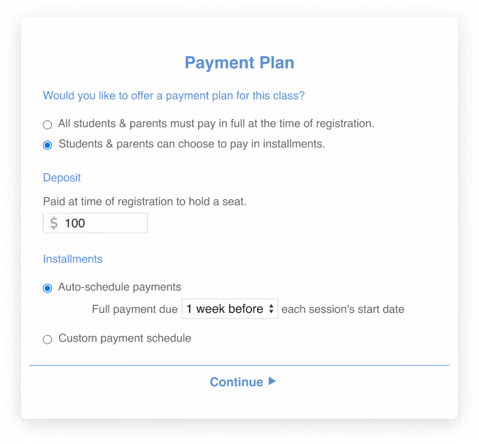 Screenshot of CourseStorm automated payment options for class registrations