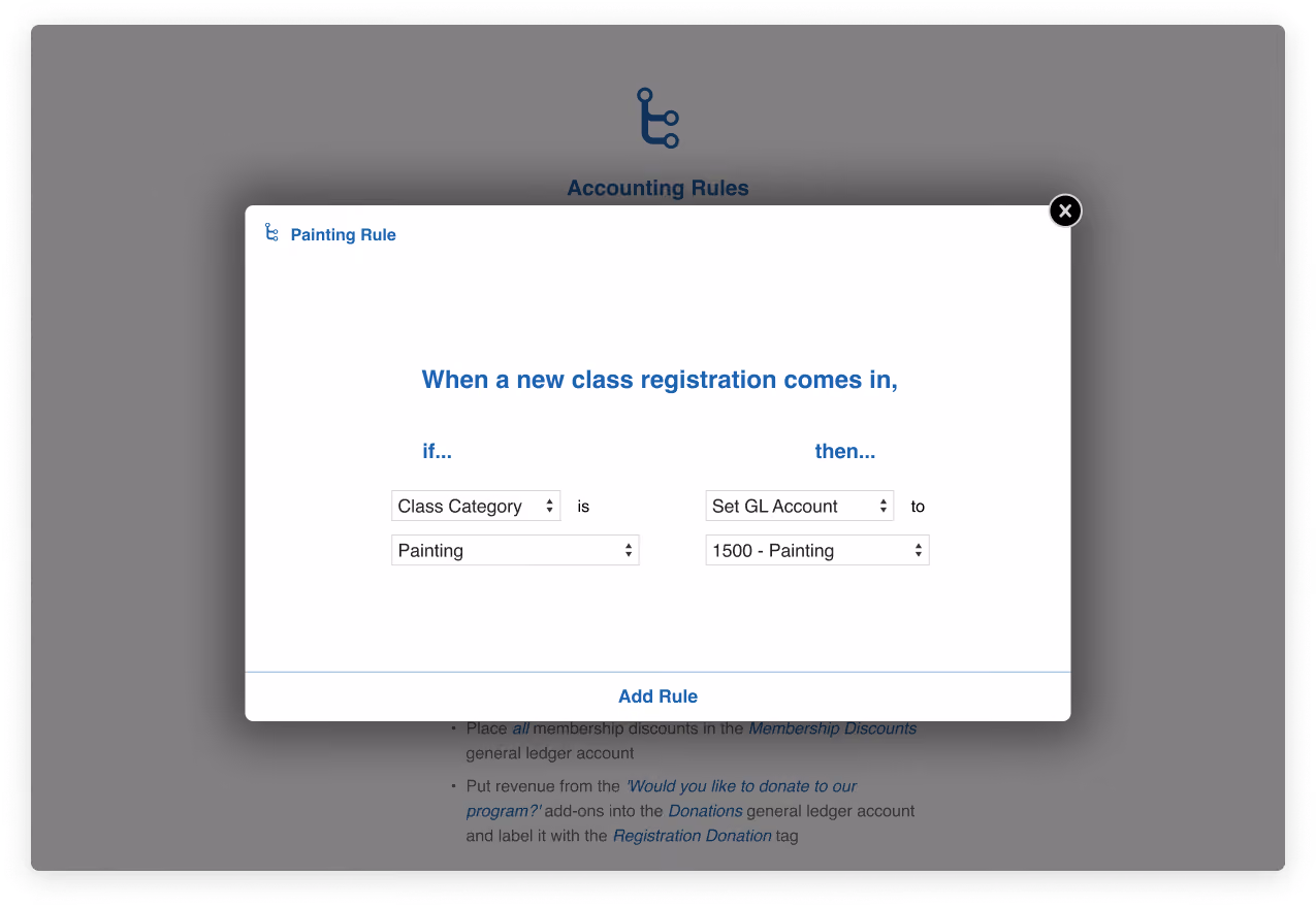 Screenshot: Setting up custom Accounting Rules in CourseStorm makes arts class financial reporting easier for your team.