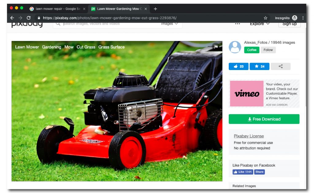 screenshot of a red lawnmower shown on the Pexels website with download button