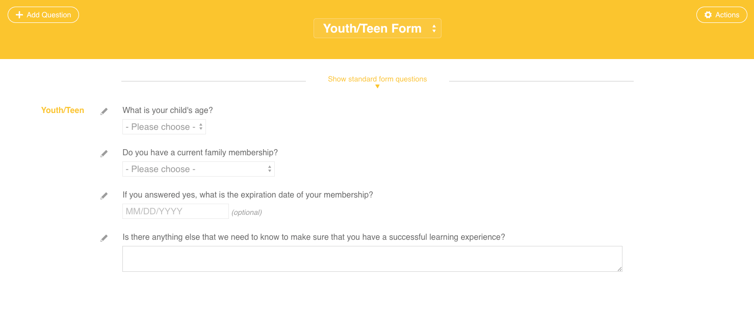 A screenshot of a customizable form in CourseStorm for youth and teen programming.