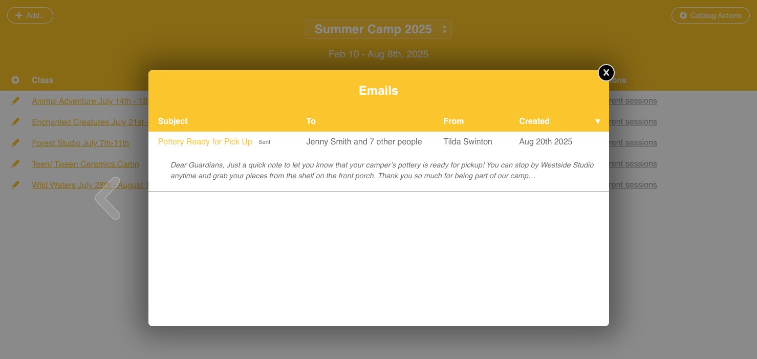 A screenshot from the CourseStorm class registration software admin view showing an automated email reminder