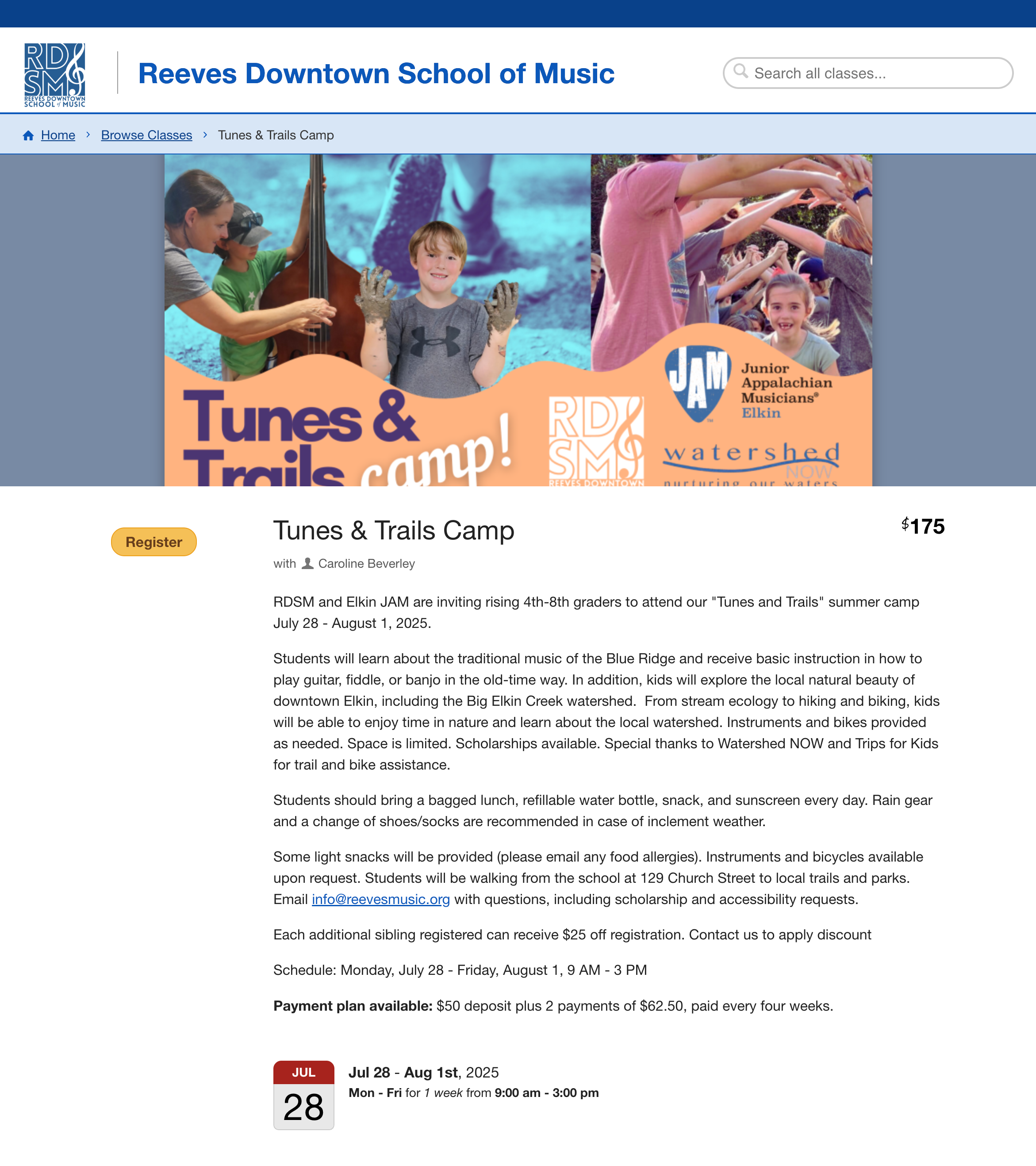 The camp listing for Reeves' Downtown School of Music's Tunes & Trails Camp shows a camp grounded in local tradition and ecology