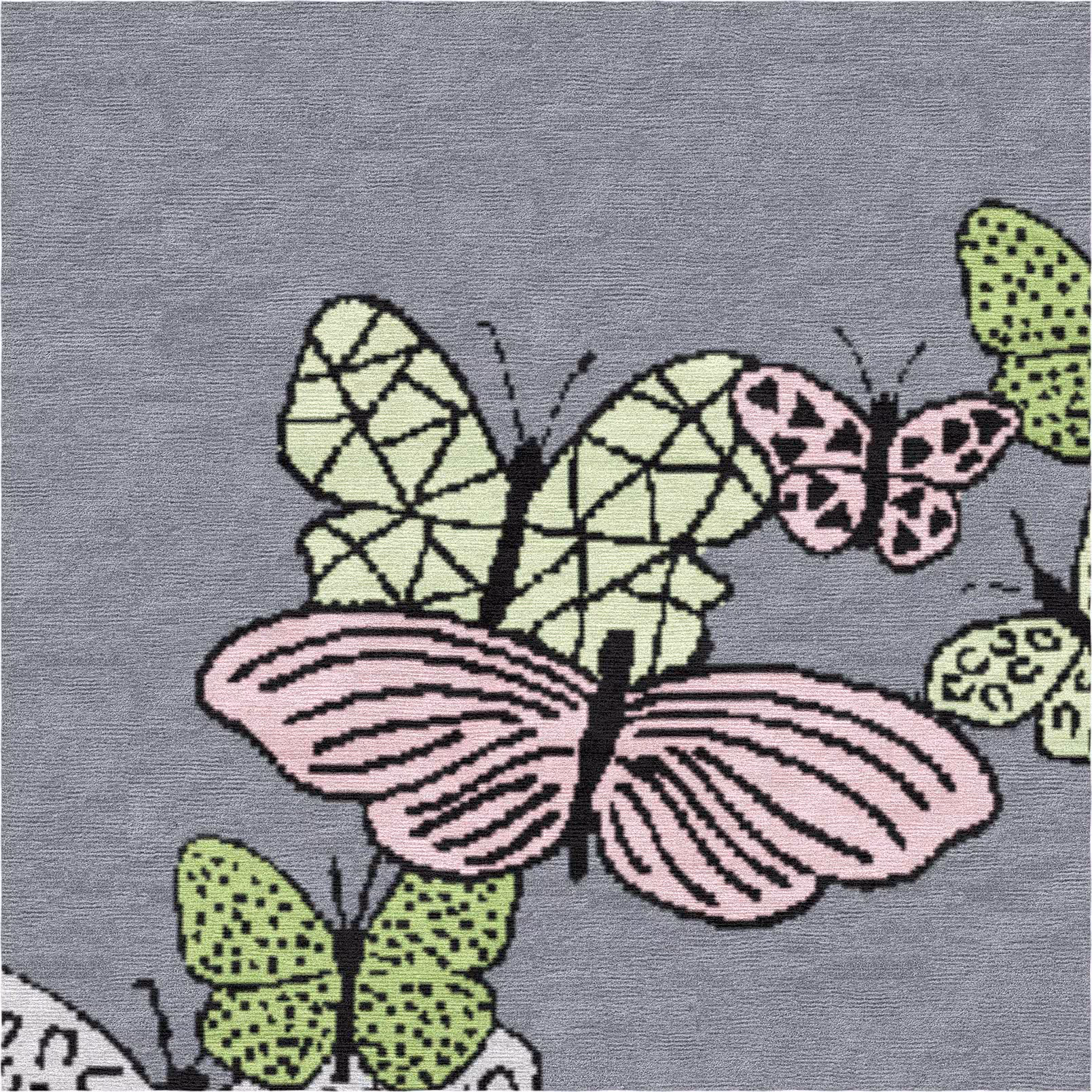 Detail view of green and lavender butterfly wings on modern Nepalese rug, highlighting intricate knotting and pastel color palette.