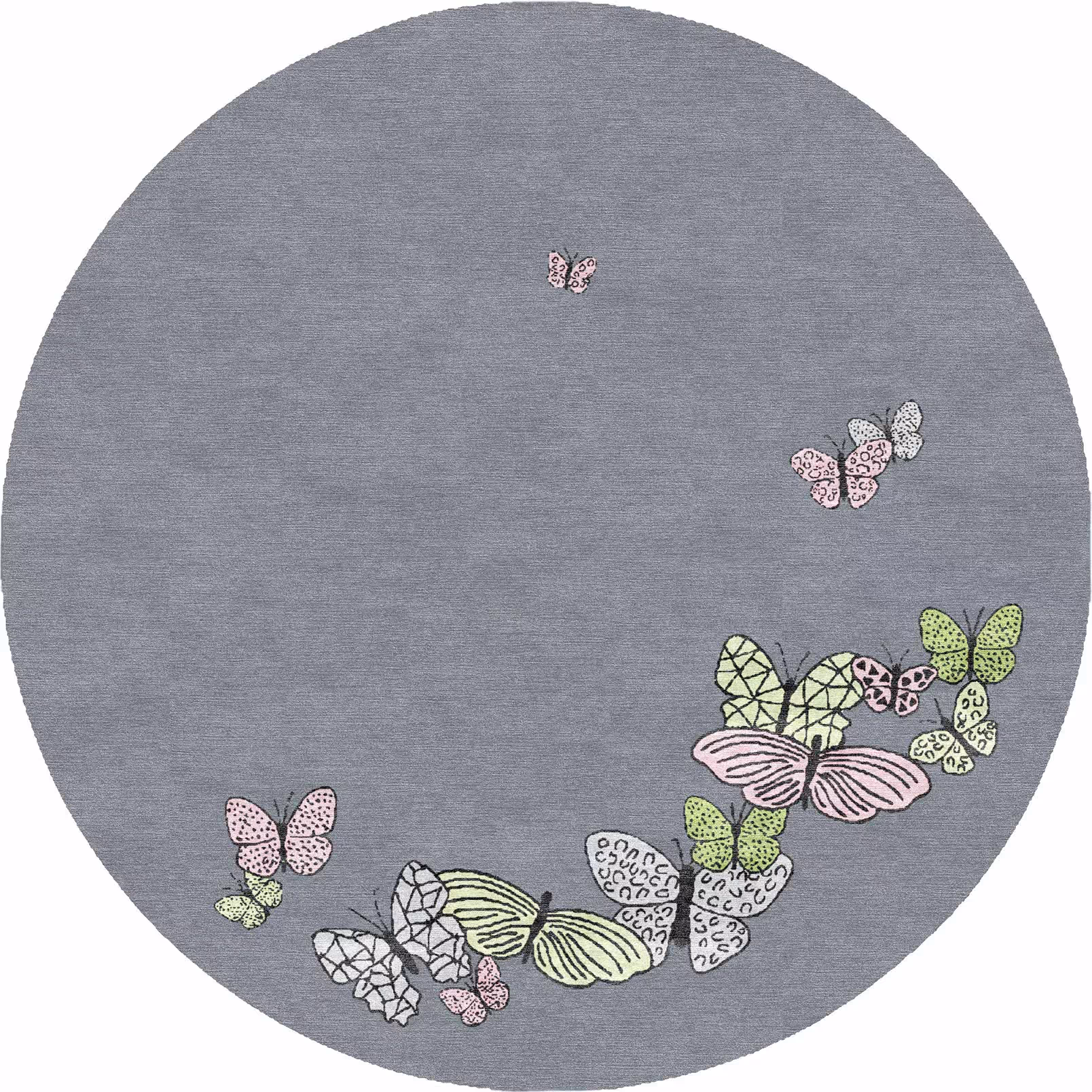 Round luxury rug with hand-drawn butterflies in pastel tones on a gray background, hand-knotted in Nepal using Himalayan wool and silk – contemporary designer rug by Sergio Mannino.