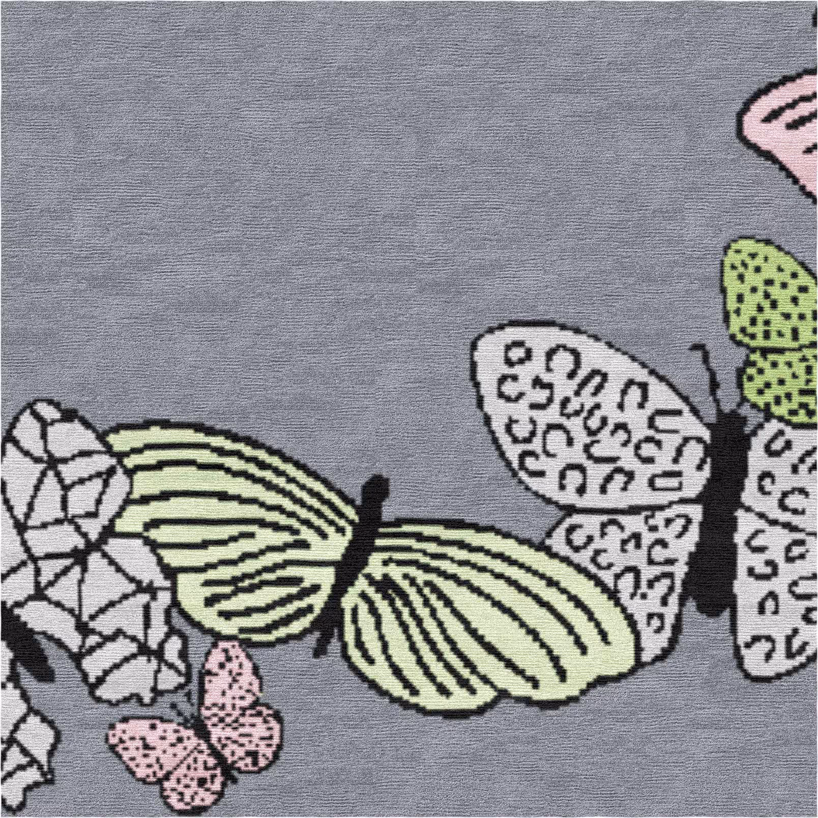 Texture detail of Himalayan wool and silk blend on high-end contemporary rug, with fine lines and vibrant butterfly pattern.
