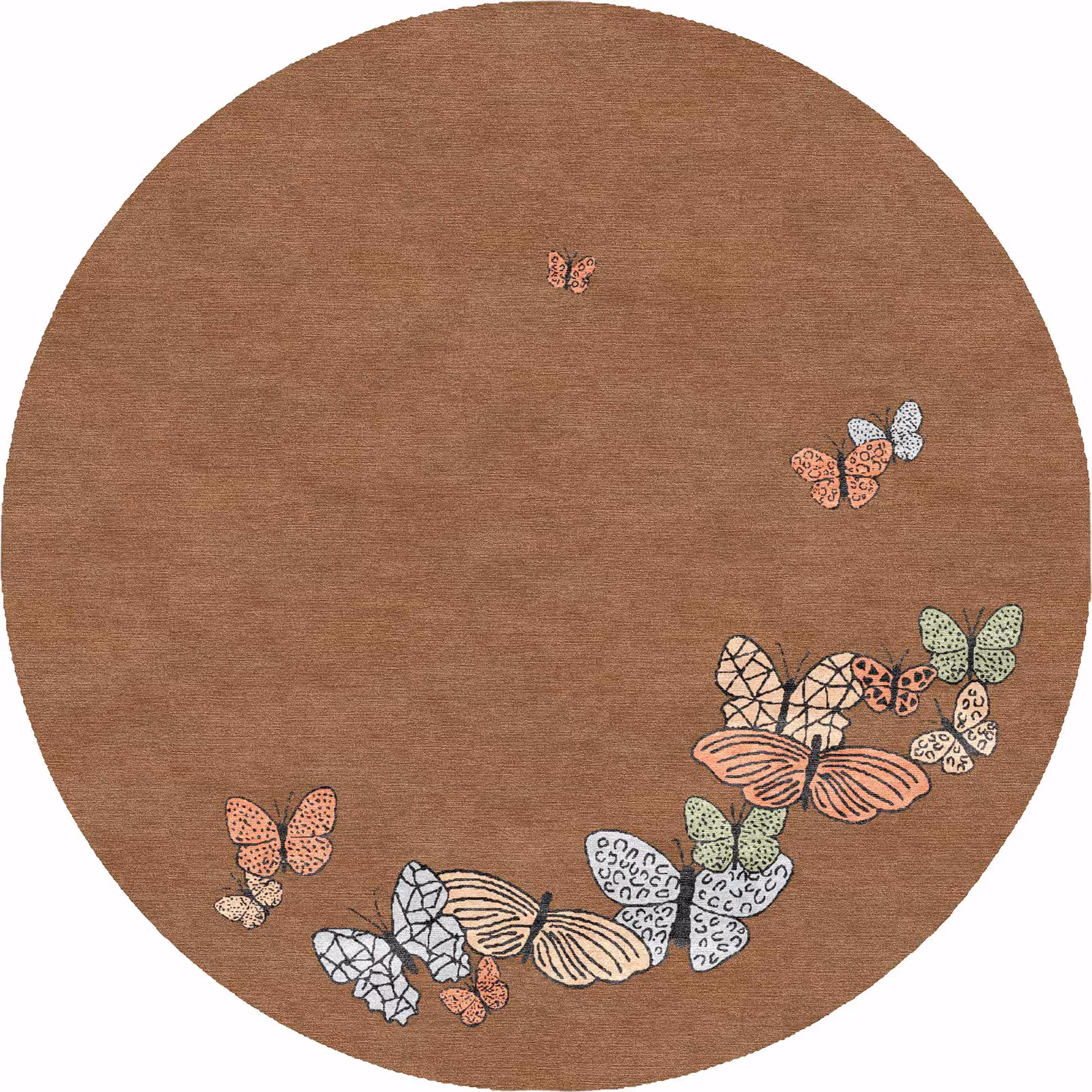 Handmade circular rug in warm brown tones featuring a cluster of hand-drawn butterflies in pastel hues, hand-knotted in Nepal using Himalayan wool and silk – a contemporary designer rug by Sergio Mannino.