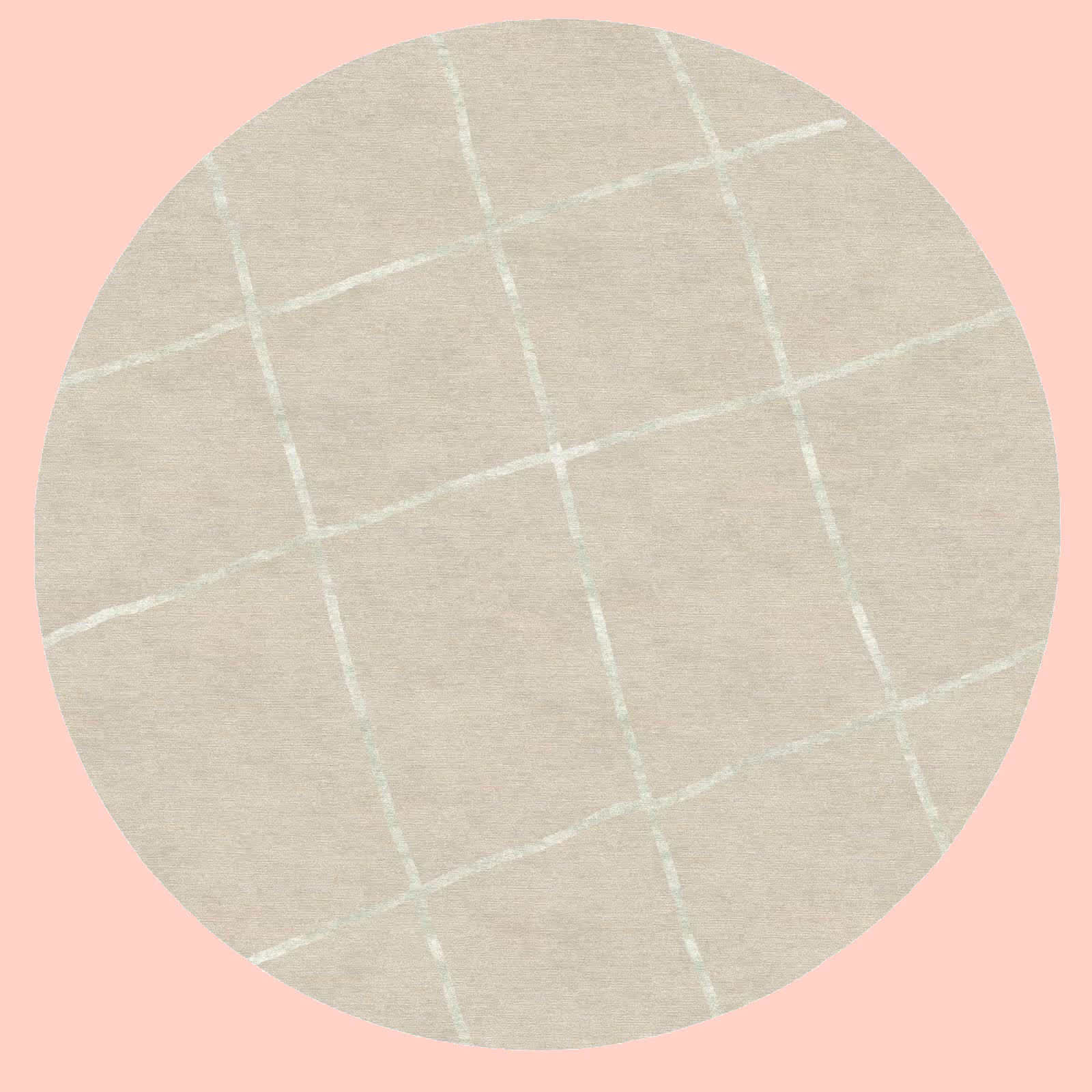 Round beige area rug with pale green freehand grid pattern, photographed on a neutral background