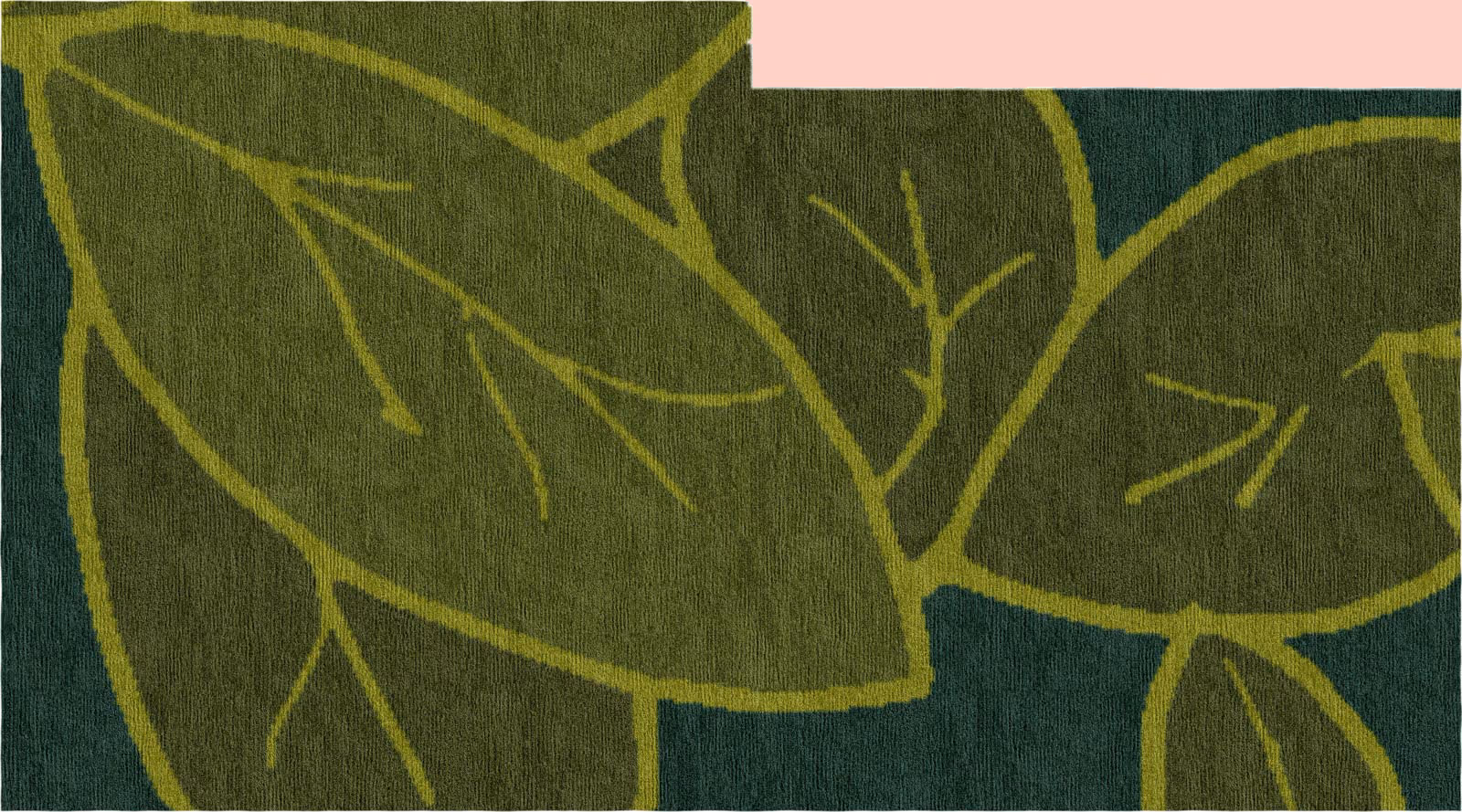 Zoomed-in leaf pattern with dark outlines and intricate linework on richly dyed wool fibers.