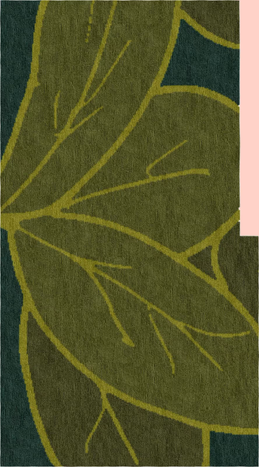 Macro view of rug surface highlighting texture and color transitions in forest and moss green.