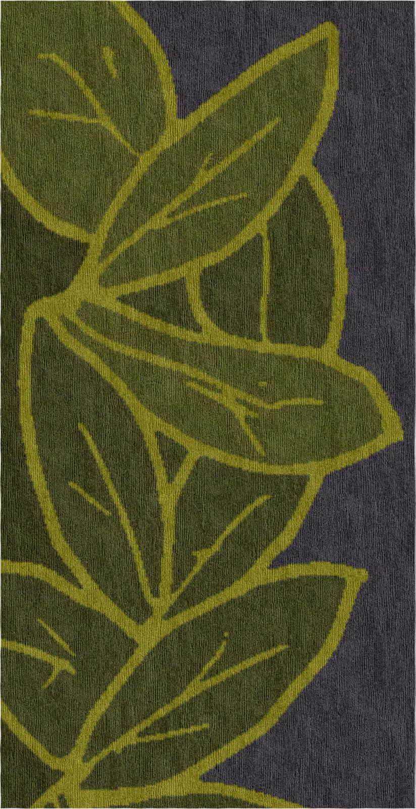 Close-up of layered green leaves with chartreuse veining on a dark green wool background.