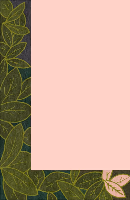 Corner Leaves Large Green Area Rug featuring an L-shaped botanical border with overlapping leaf motifs in deep green, olive, and pale pink on a neutral gray background.
