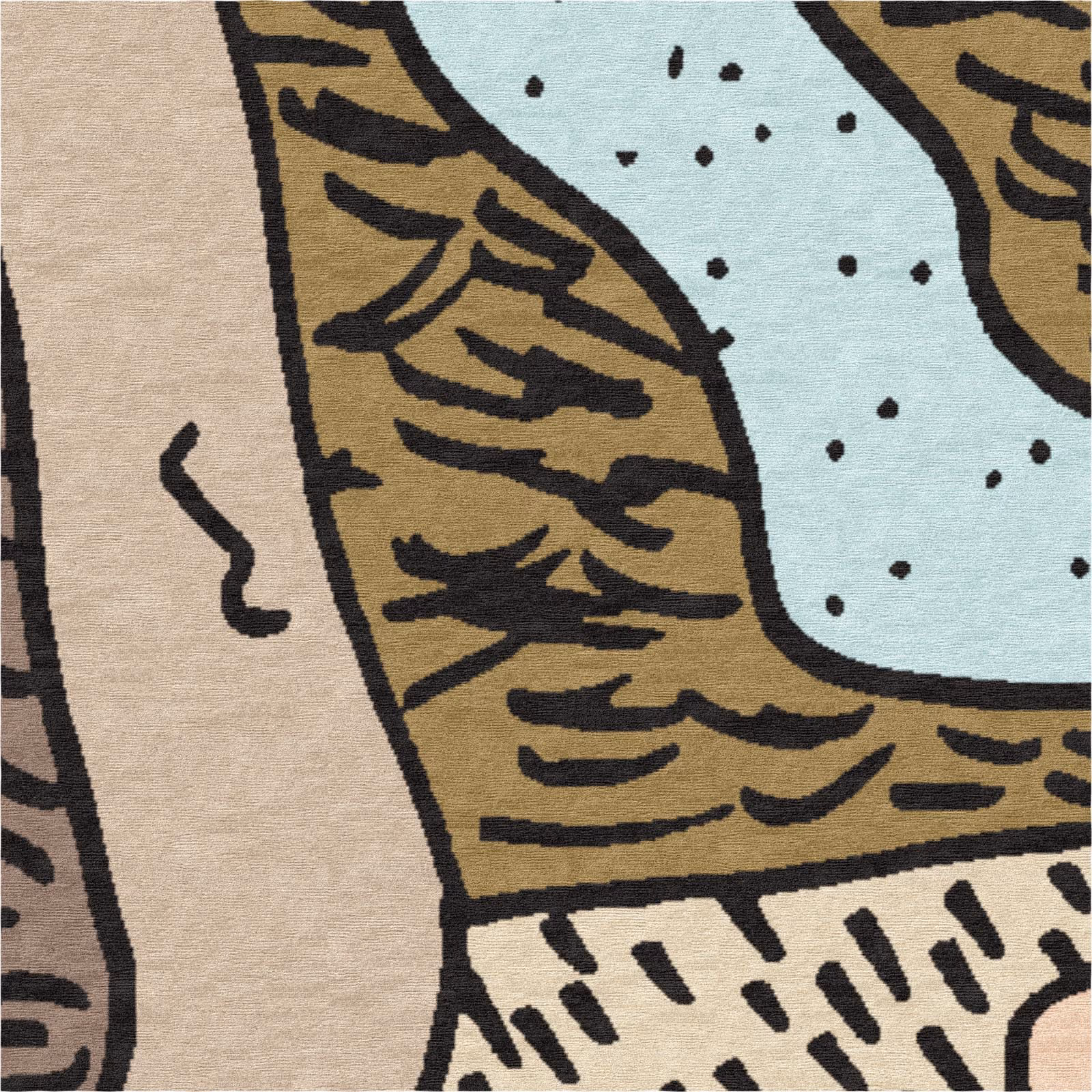 Detail of pale blue river-like shape flowing through ochre terrain in contemporary wool rug.