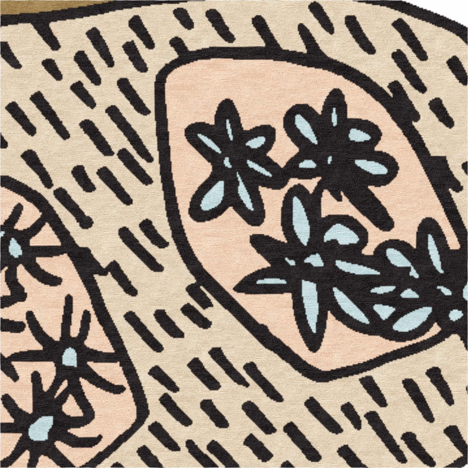 Close-up of hand-drawn black floral pattern on peach field in luxury handmade area rug.
