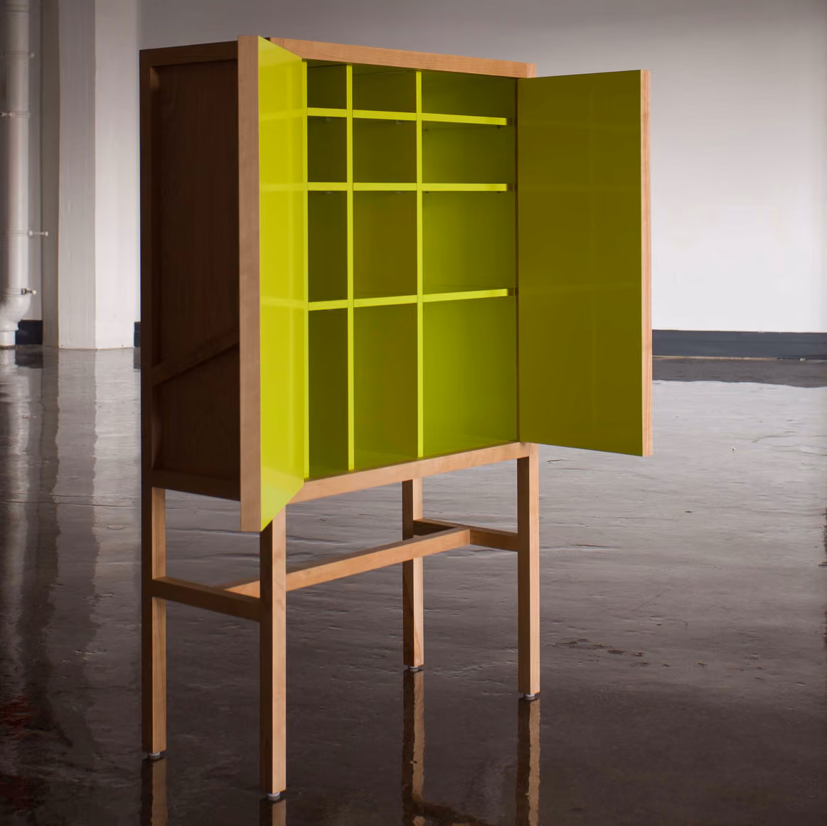Highend birch Credenza (interior view showing the green lacquer finish) Made in Brooklyn