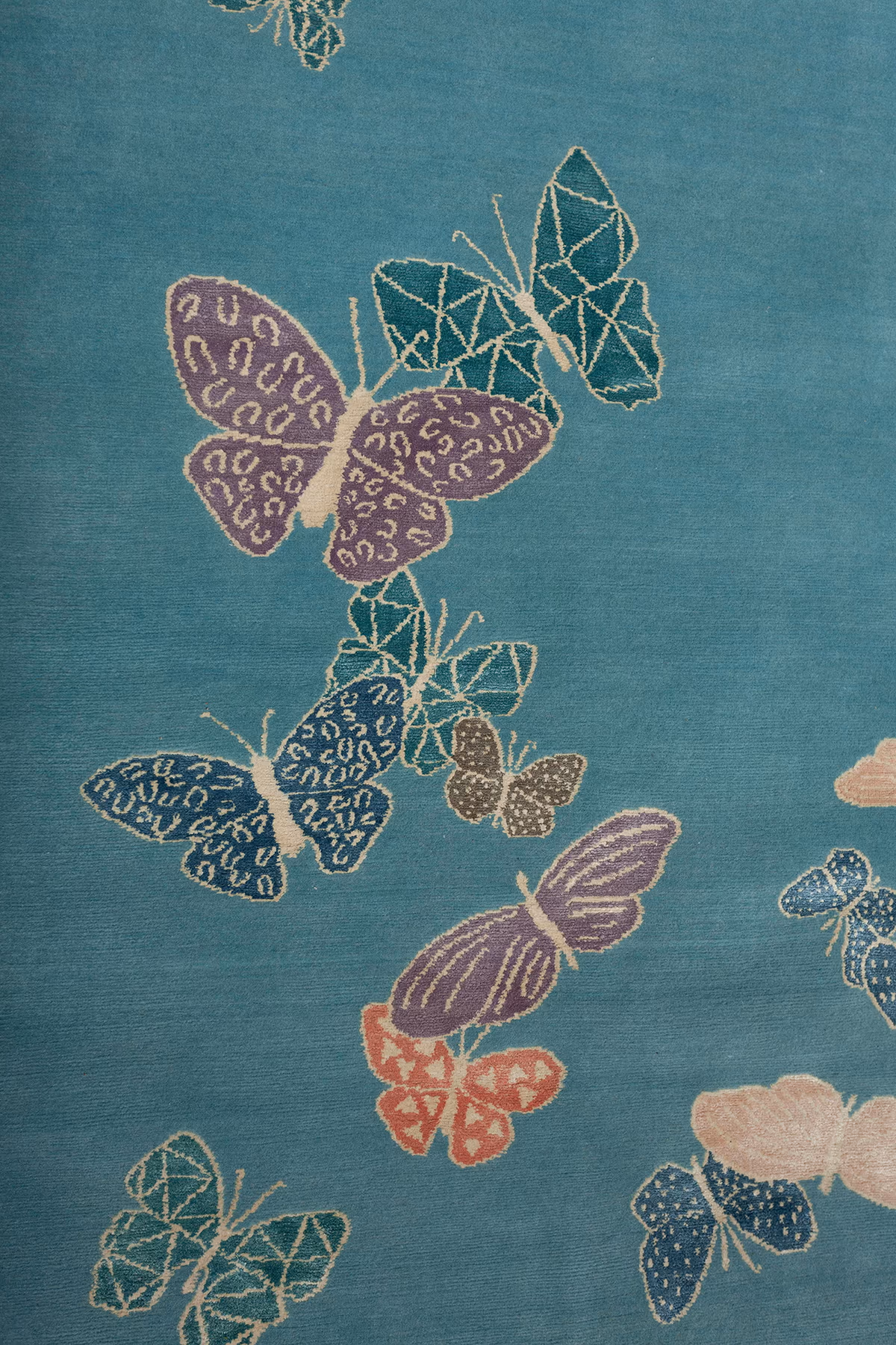 Aqua luxury handmade rug with butterflies, wool and silk