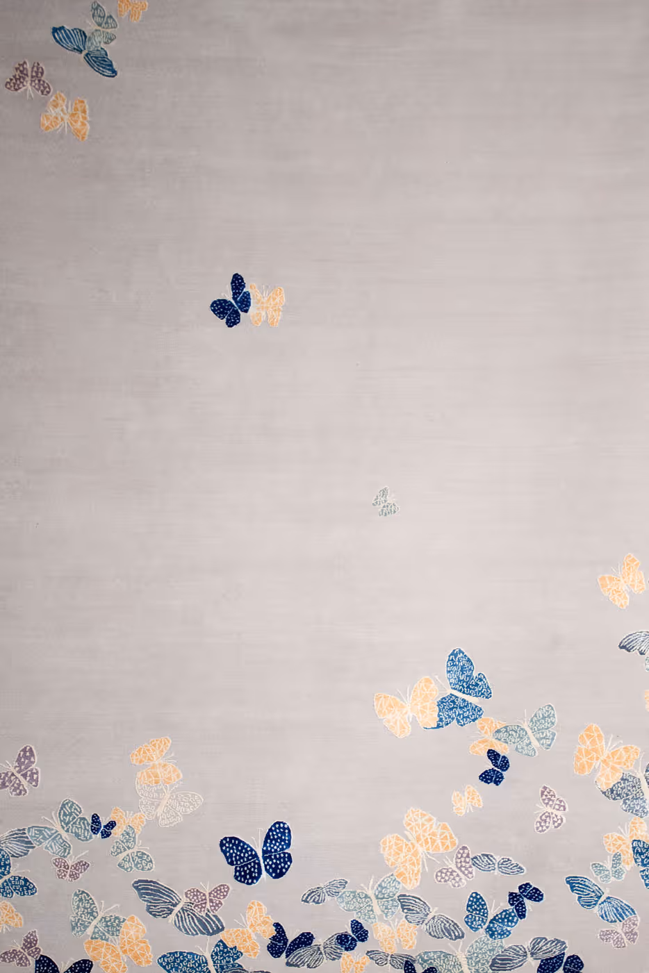 Beige silk luxury handmade rug with butterflies, wool and silk
