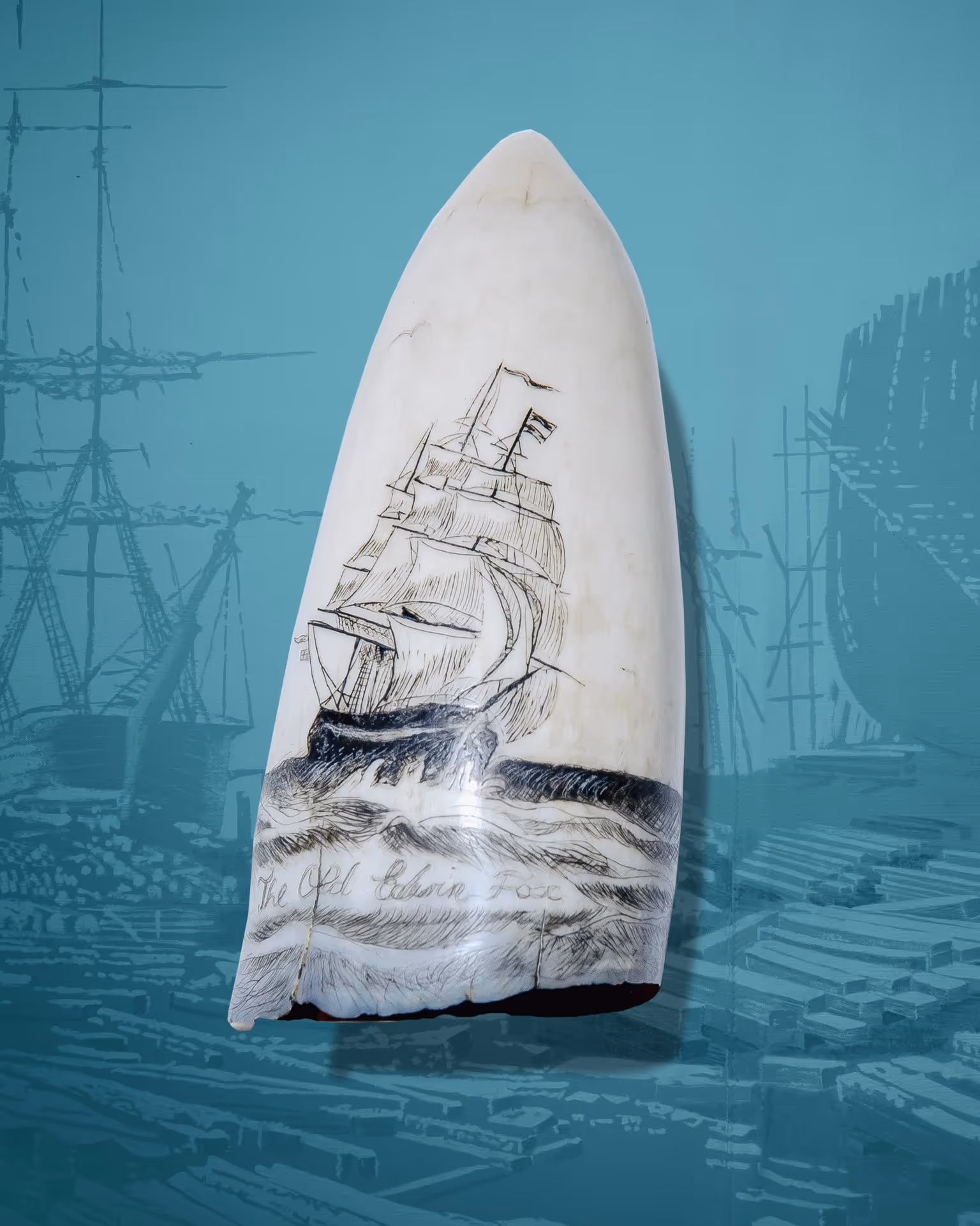 A carved whale tooth depicts a sailing ship, titled "The Old Clipper Fox." The background features blue, with faint ship outlines, evoking a nautical theme.