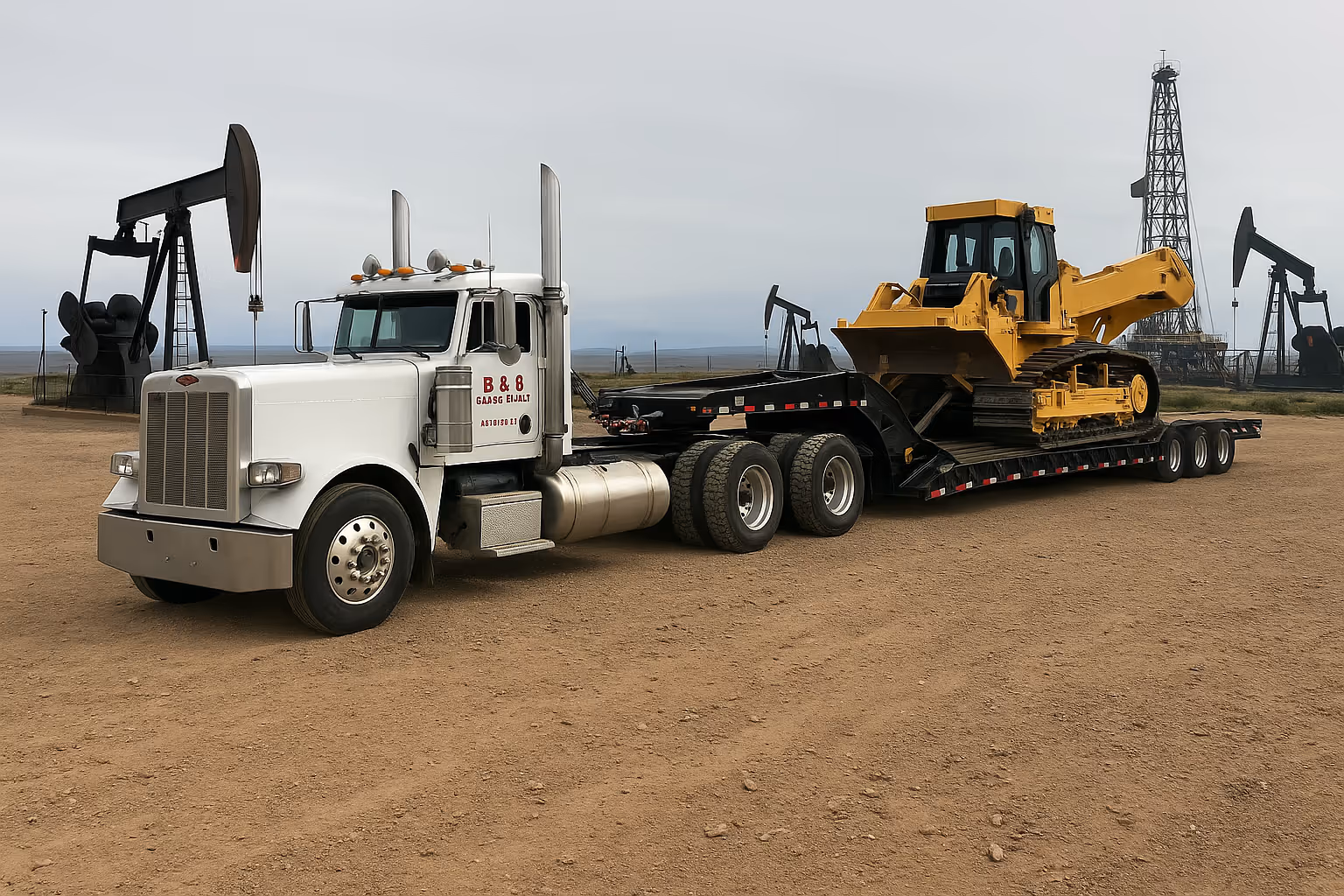 B&B Roustabout Inc. semi-truck hauling a John Deere dozer with an active oilfield operation in the background, showcasing equipment transport and field readiness.