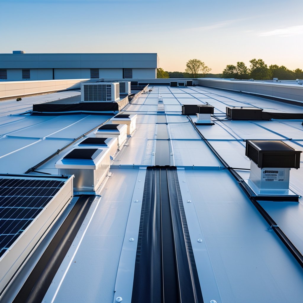 Commercial roofing systems protect larger buildings and withstand more weather and foot traffic than residential roofs. 