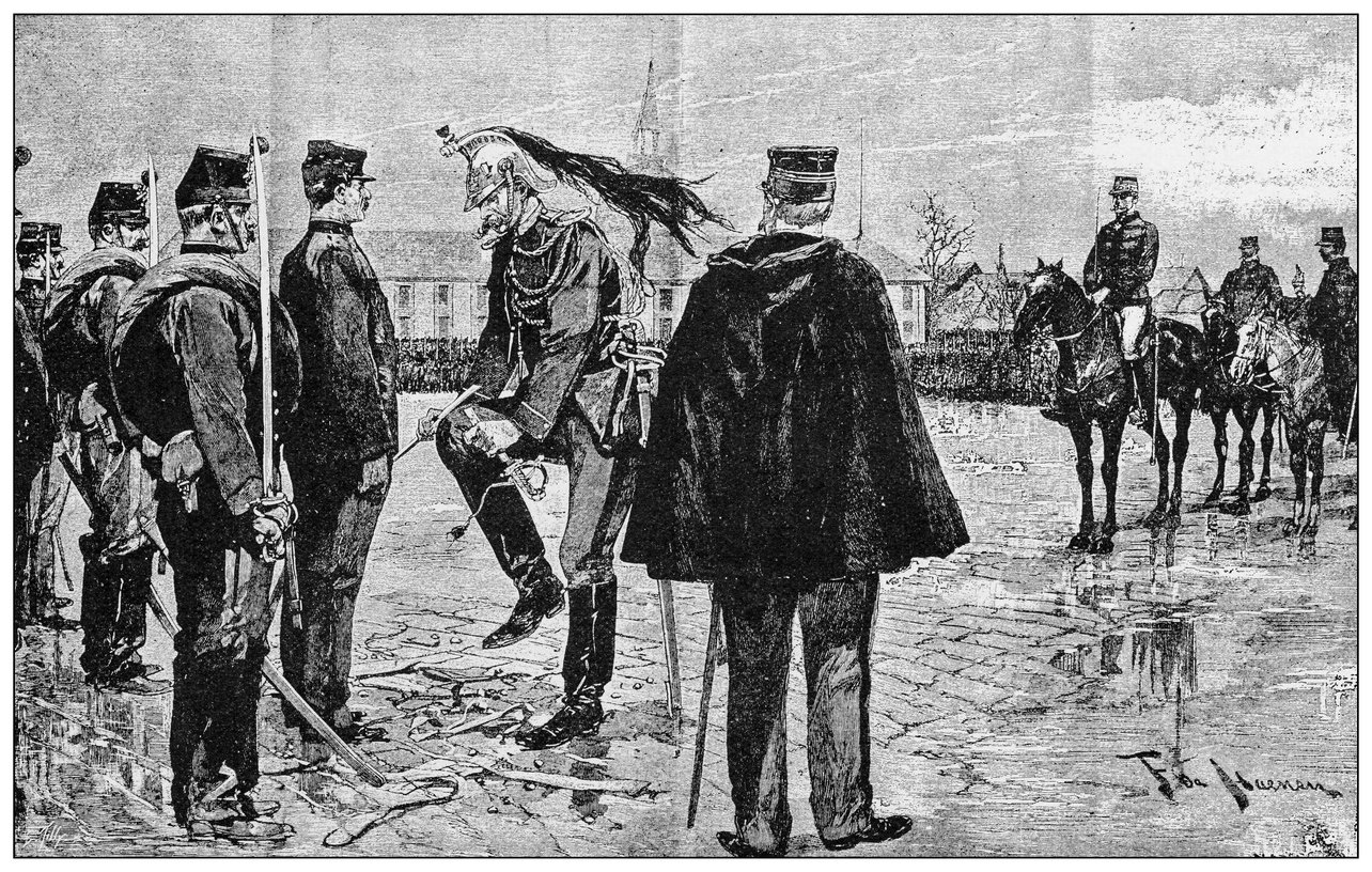 Illustration of Captain Alfred Dreyfus being publicly stripped of rank