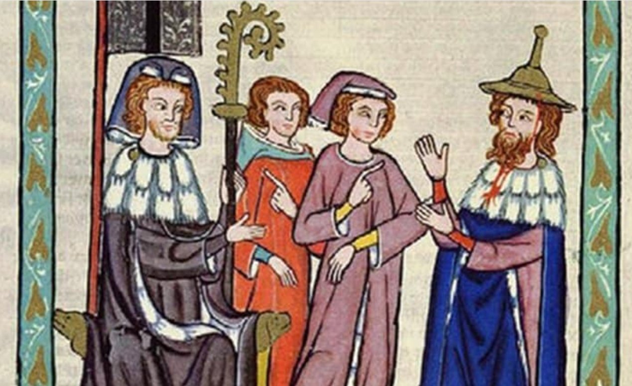 Medieval manuscript illustration of a public disputation between a Jewish man and Christian officials