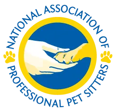 Logo with adult hand holding a yellow dog's paw inside a blue and gold circle.