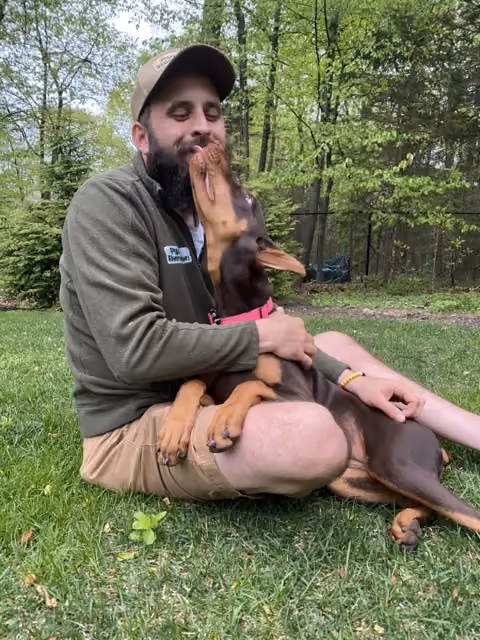 Pups and Recreation Pet Care Provider caring for a Doberman at a home in Loantaka Brook Reservation in Morristown NJ.