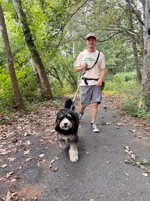 Pups and Recreation Dog Walker on the trail at Loantaka Brook Reservation in Madison NJ.