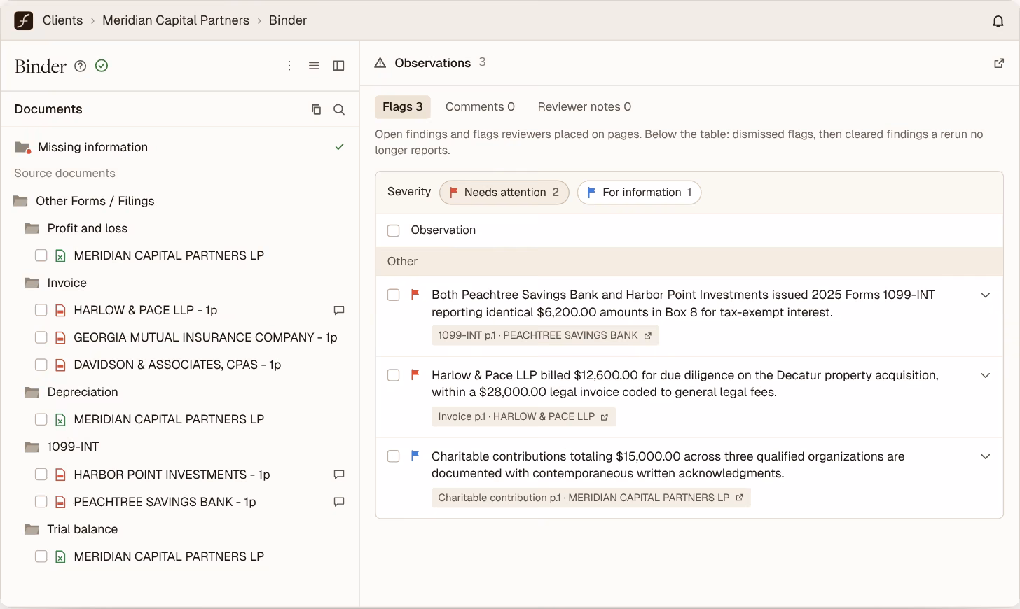 Binder with sorted source documents and observations for a demo client