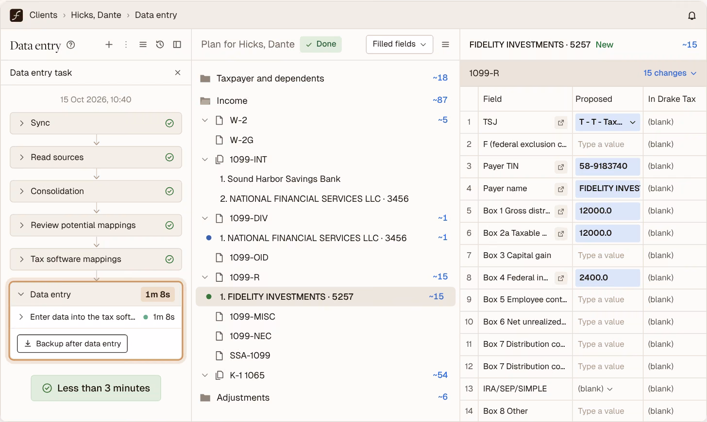 Data entry plan in Filed for a demo client
