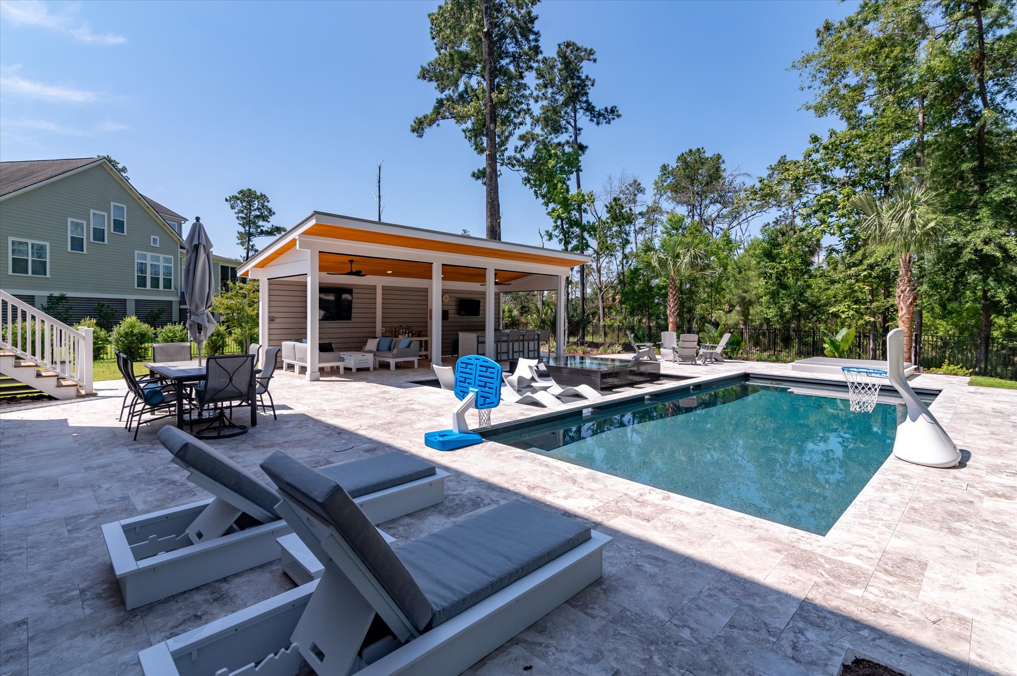 Cabana, pool, and lounge chairs by pool - Image of outdoor custom space in Goose Creek, SC - BuiltByR3