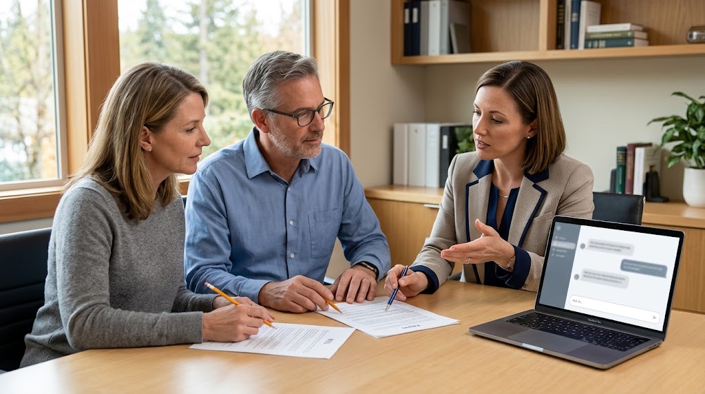Couple reviewing estate planning documents with an attorney at a conference table beside an open laptop
