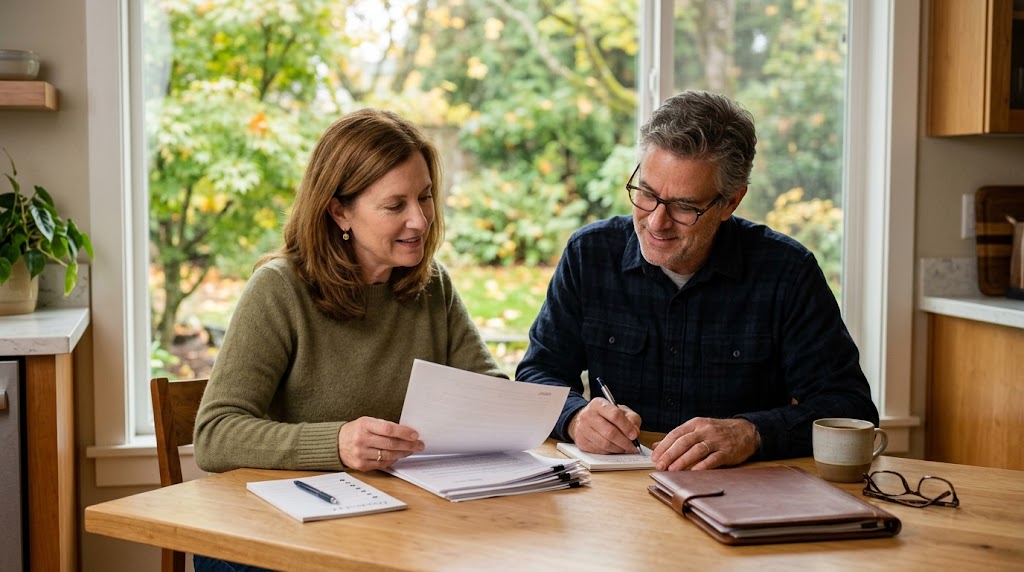 Couple reviewing estate planning documents and making notes at their kitchen table