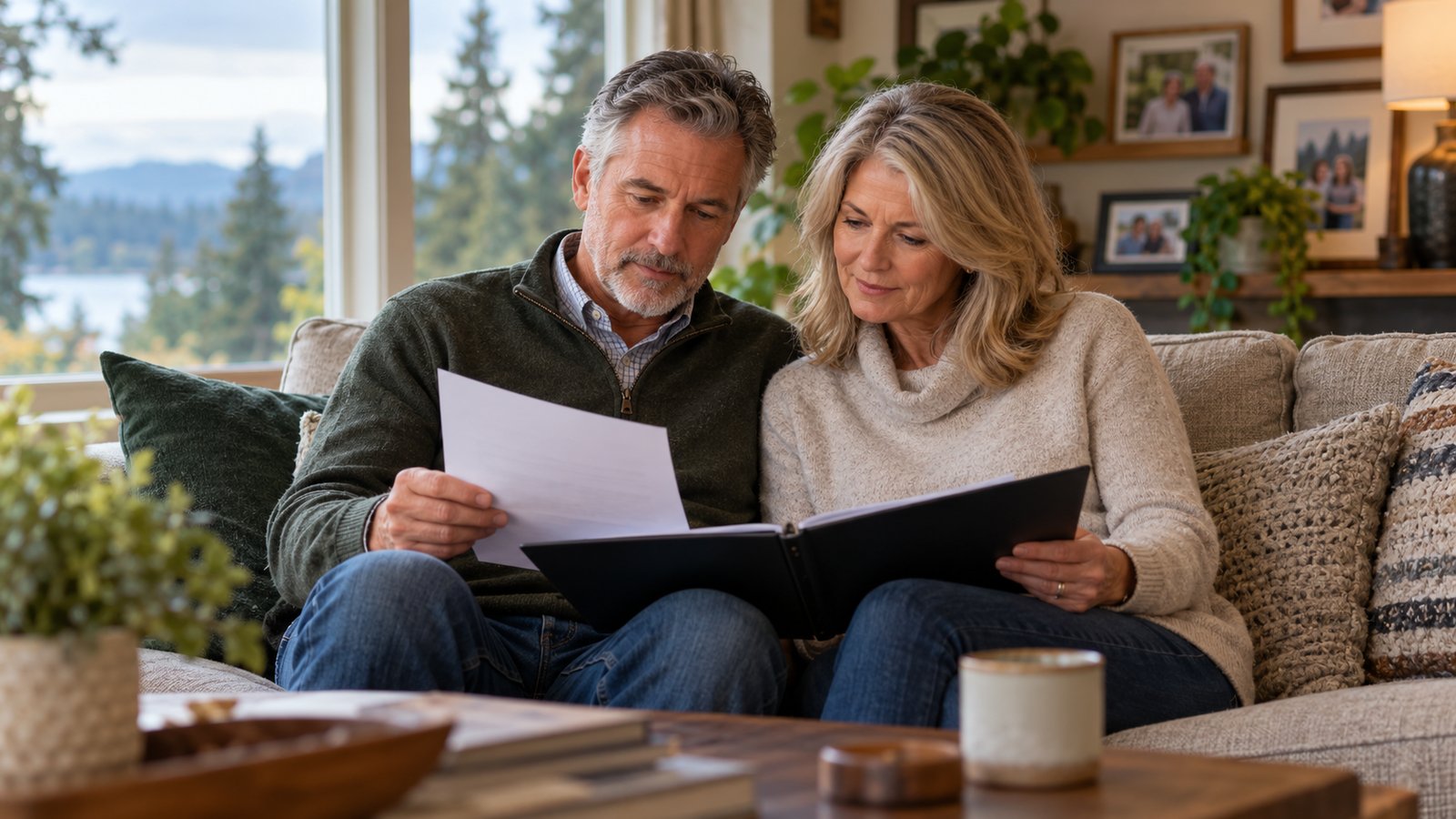 Couple reviewing estate planning documents together on a sofa at home