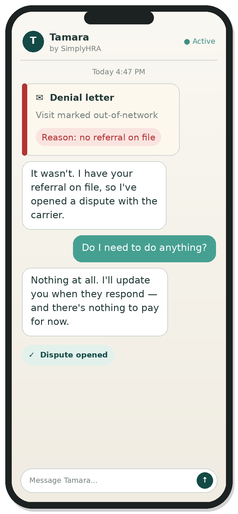Text conversation where Tamara opens a dispute after an insurer wrongly denies a visit as out-of-network