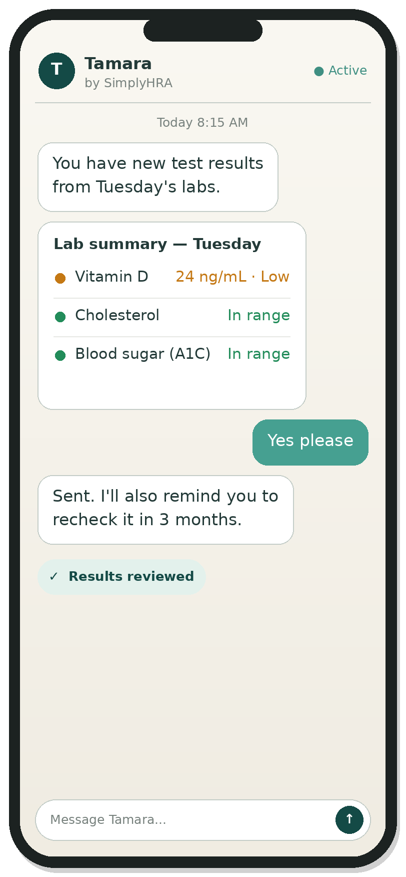 Text conversation where Tamara explains new lab results in plain English and offers to send a summary to Dr. Patel