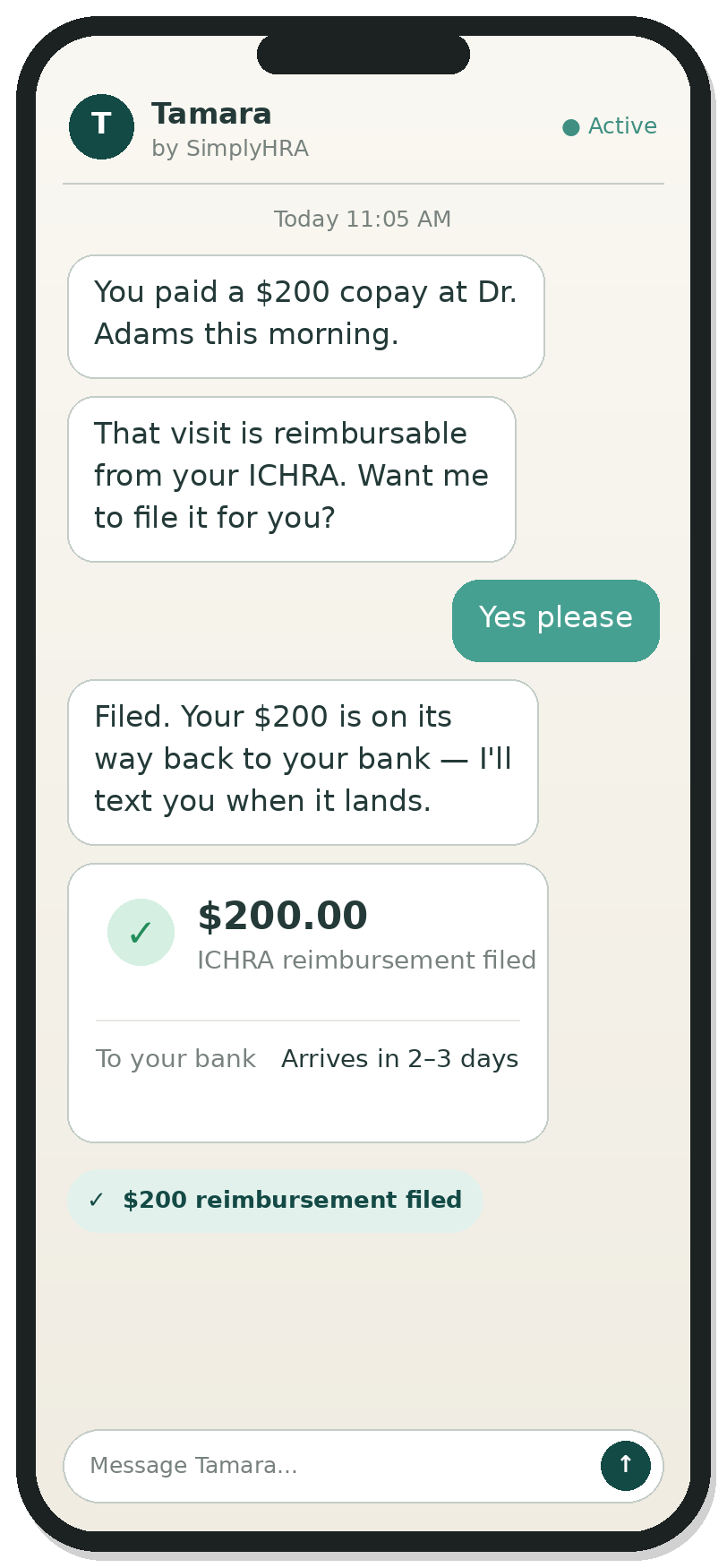 Text conversation where Tamara files an ICHRA reimbursement for a $200 copay paid at Dr. Adams