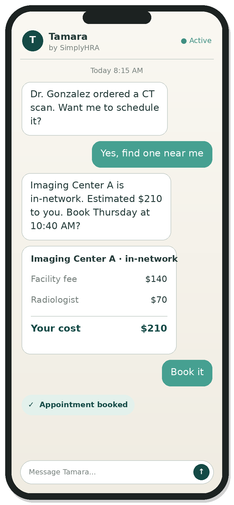 Text conversation where Tamara books a CT scan at Imaging Center A for Thursday at 10:40 AM, estimated cost $210