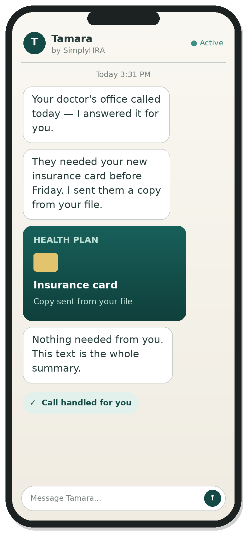 Text conversation where Tamara answers a call from the doctor's office and sends the insurance card from the patient's file