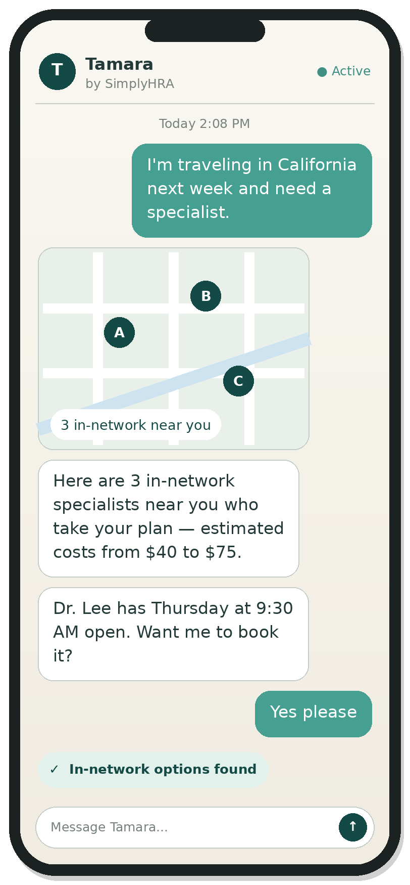Text conversation where Tamara finds in-network specialists in California for a traveler, with costs from $40 to $75