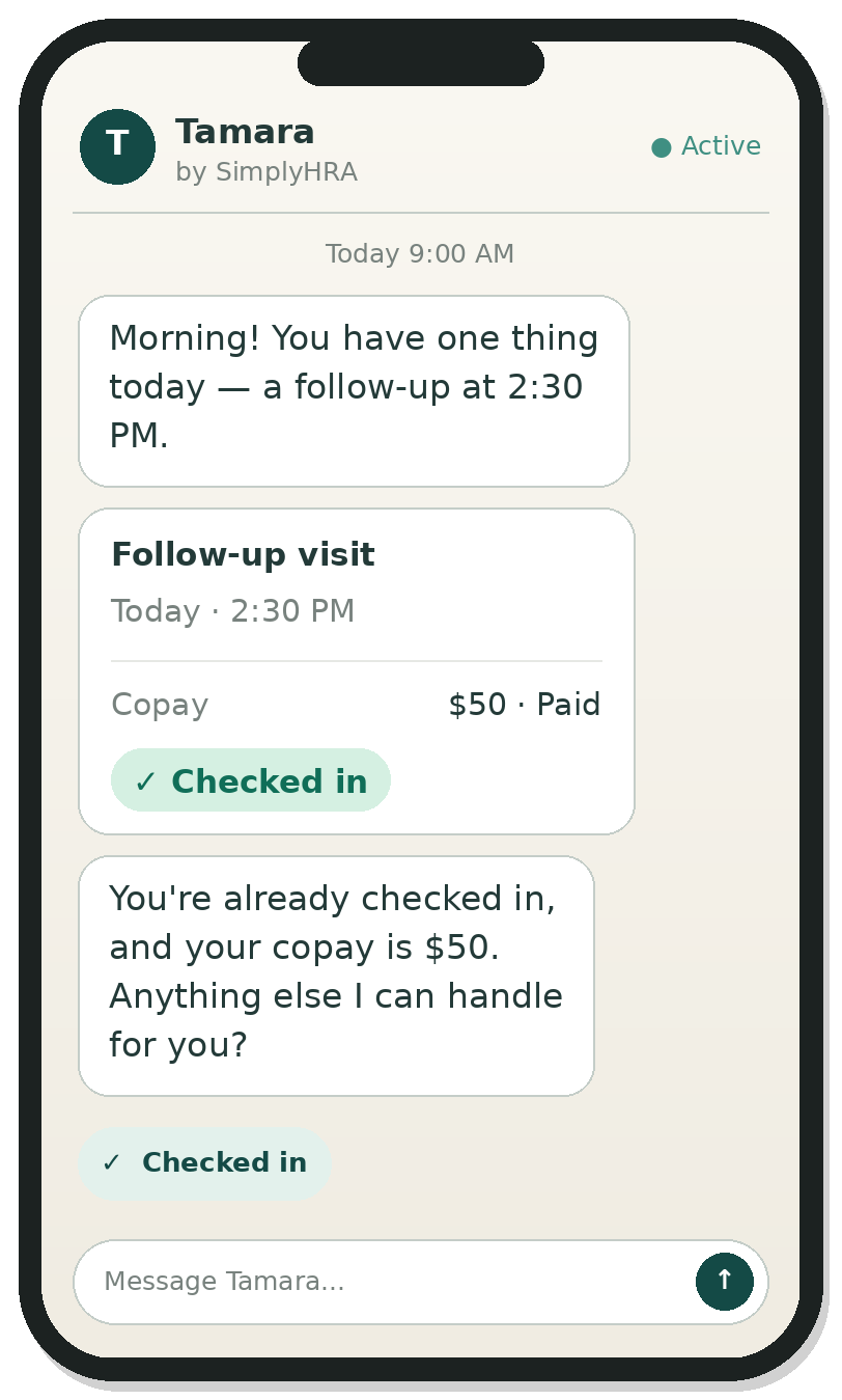 Phone showing Tamara's morning check-in: a follow-up at 2:30 PM and a $50 copay, already checked in