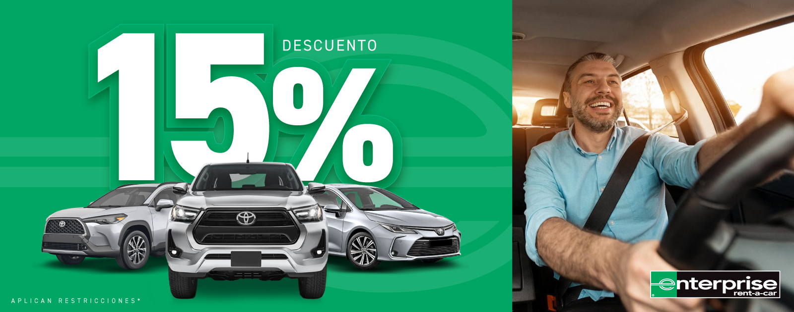 Banner 15% de descuento en el alquiler: tres vehículos Toyota plateados y un hombre conduciendo, con el logo de Enterprise