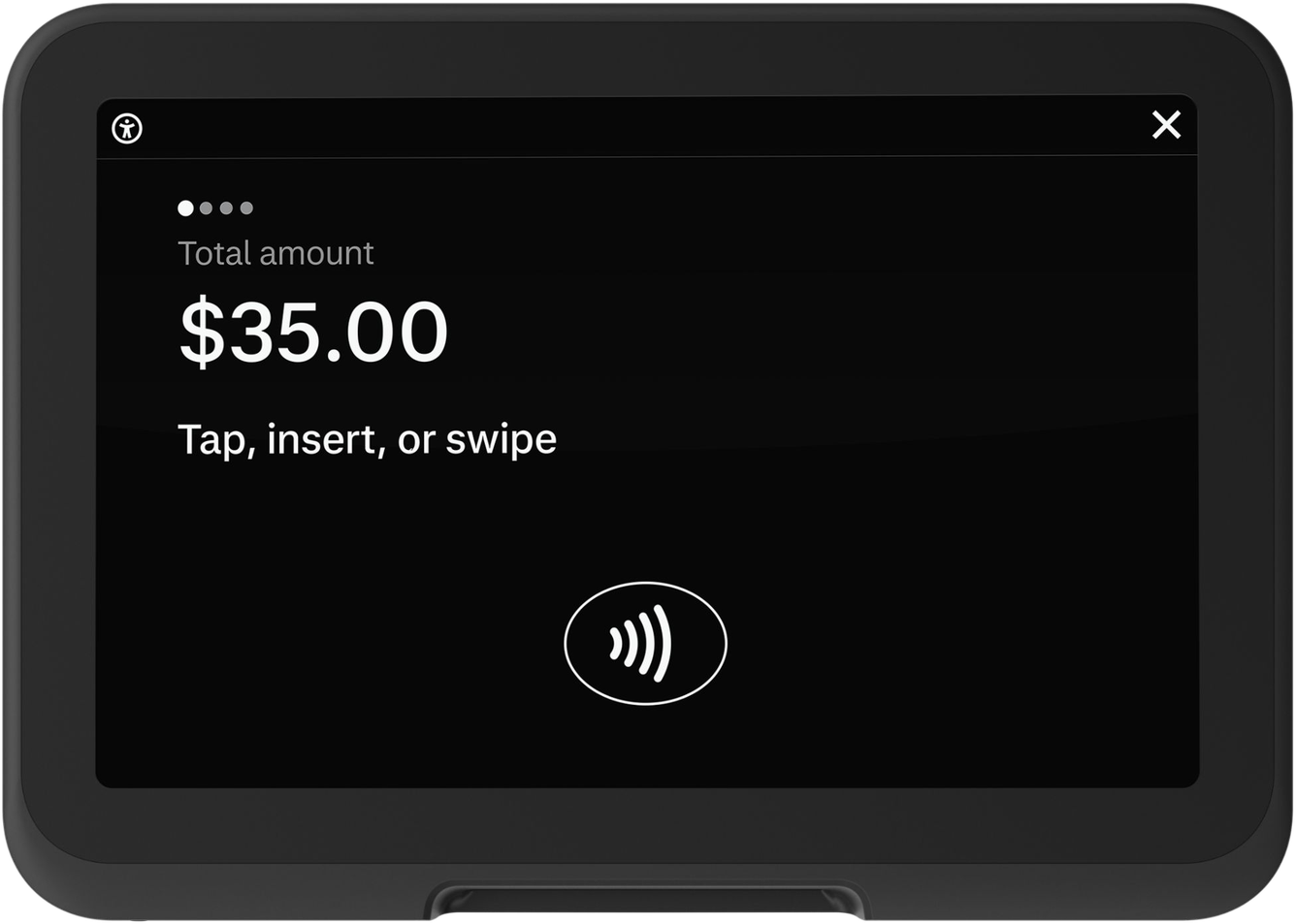 Countertop payment terminal showing a $35.00 total and a tap, insert, or swipe prompt