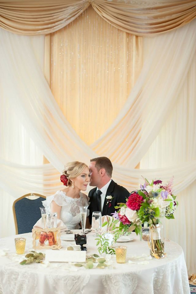 Bride and Groom at a head table in front of a simply yours backdrop design