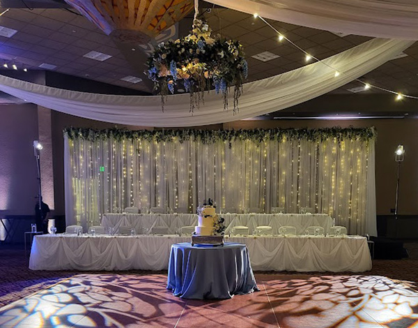 Fairy light backdrop at Kalahari behind head table with Cinderella skirting and cake table. 